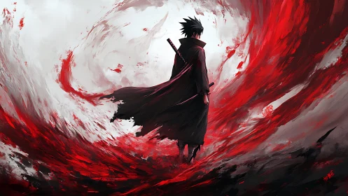 Lone swordsman amid swirling red and white energy vortex.