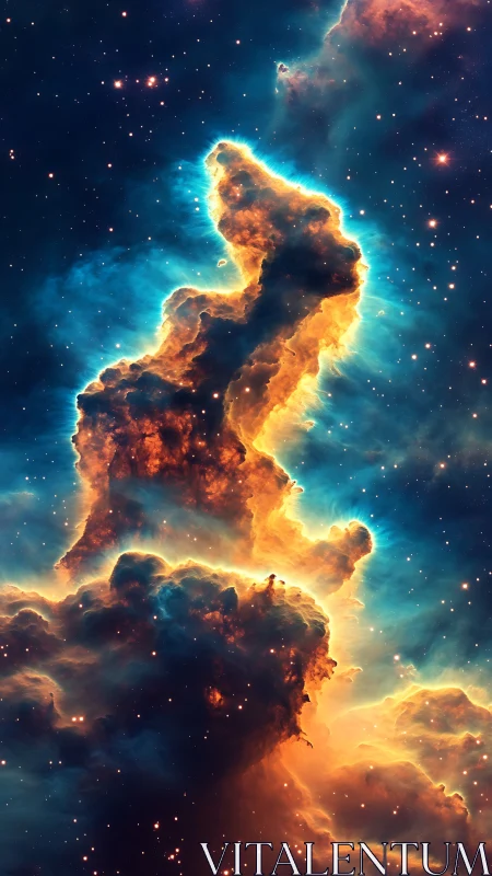 Celestial nebula tower glows with fiery ionized gases.