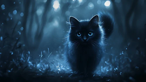 Black Kitten with Luminous Blue Eyes in Mystical Night.
