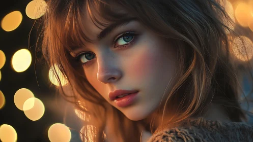 Soft-lit girl gazes into warm bokeh twilight with quiet depth