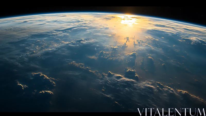 Orbital sunrise over cloud-laden Earth with golden reflection.