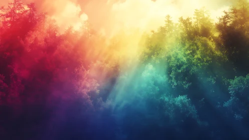 Multicolored forest canopy under diffused sunlight rays.