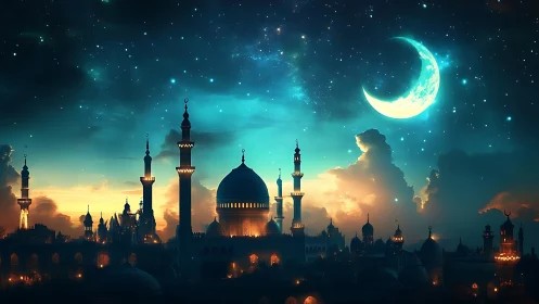 Night city skyline shows illuminated domes under crescent moon