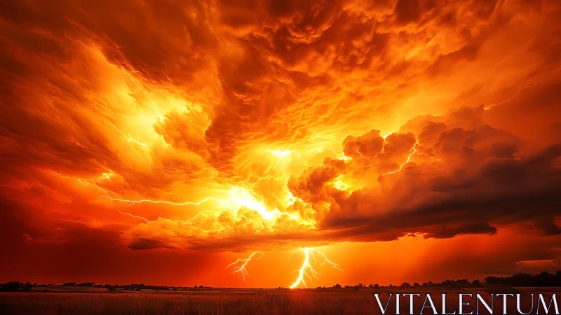Fiery orange supercell sky splitting horizon with lightning.