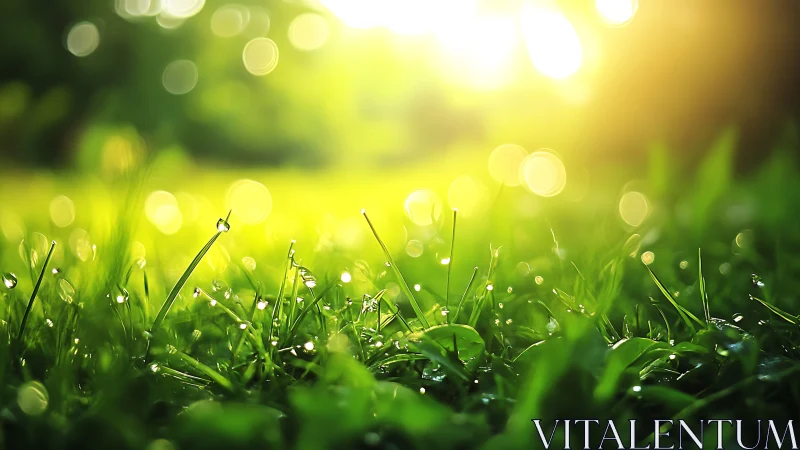 Morning dew on sunlit grass with glowing bokeh haze.