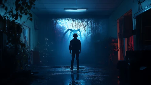 Silhouetted figure faces glowing portal in dark hallway.