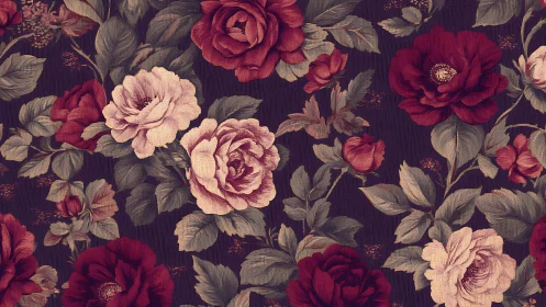 Vintage Floral Pattern with Deep Crimson and Blush Roses on Dark Ground