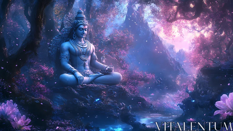 Serene blue deity meditating in luminous mystical forest.