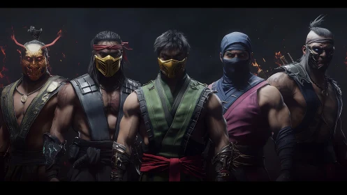 Armored ninja warriors stand in dramatic low key lighting