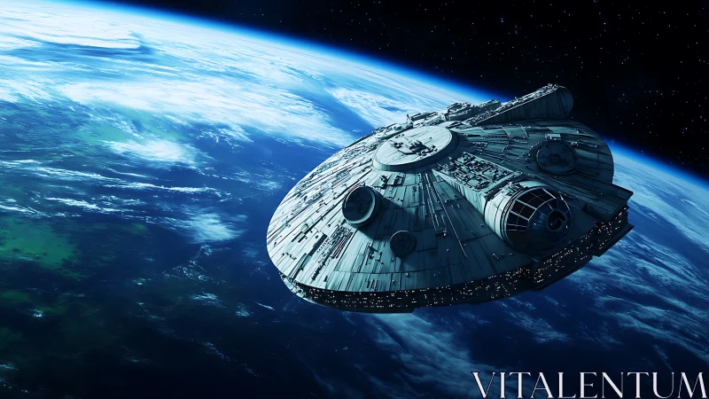 Detailed sci fi starship orbiting a blue and white planet.