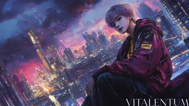 Neon skies and quiet thoughts above a glowing cyber city.