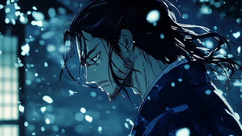 Storm-lit samurai in quiet snowfall, lost in thought.