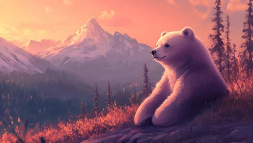 Digital bear illustration depicts alpine landscape at sunset