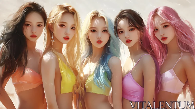 Sunlit pastel mermaids sharing a dreamy beach moment.