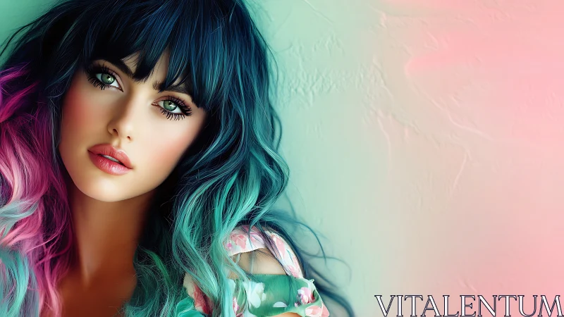 Vivid portrait of woman with teal, pink and navy hair.