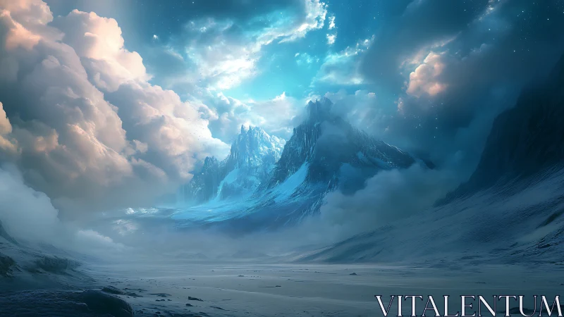 Celestial storm crowns an icy mountain in dreamlit dusk.