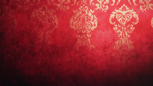 Ornate gold damask pattern glows over distressed red background