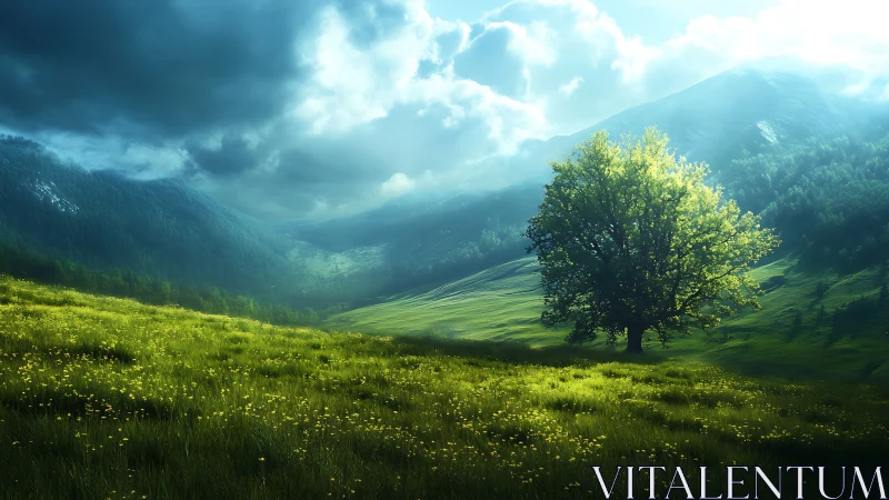 Solitary tree anchors sunlit valley under storm clouds.