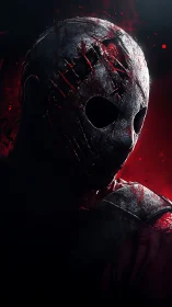 Masked figure in blood-splattered horror portrait lighting.