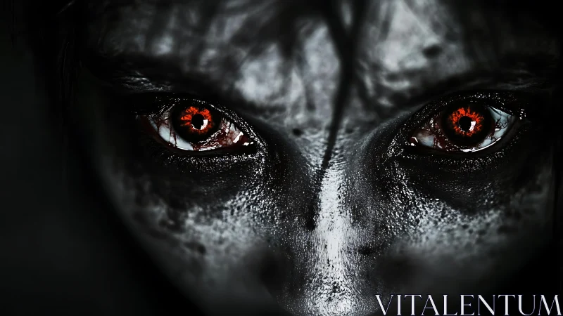 Demonic eyes burn through shadowed, cracked monochrome skin.