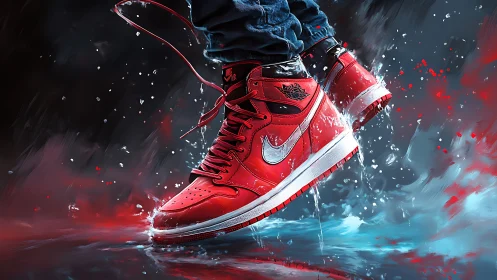 Red high-top sneakers in motion with water and paint effects.