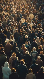 Dense urban crowd in warm evening backlight on street.