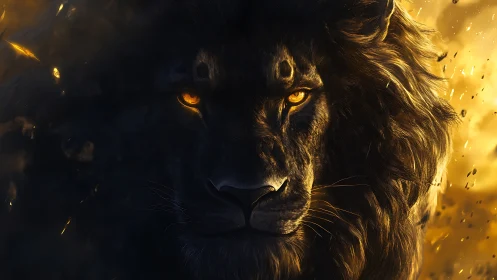 Majestic ember-eyed lion emerging from glowing shadows.