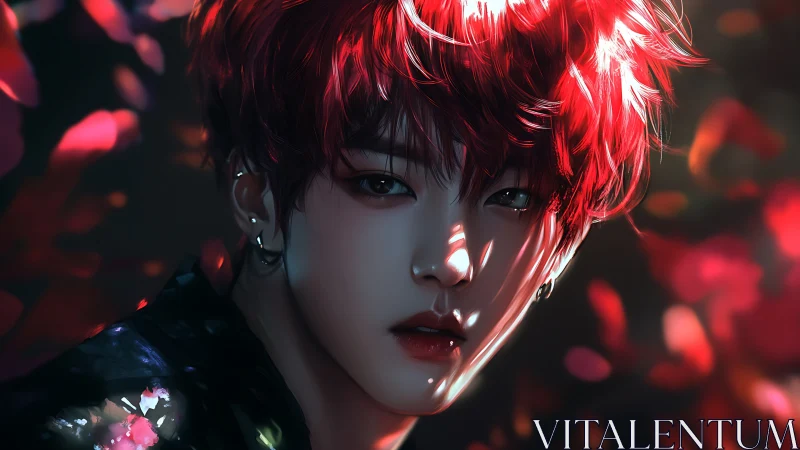 Red-haired youth under dappled crimson light portrait