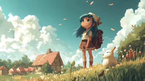 Young traveler and companion in rural village landscape.