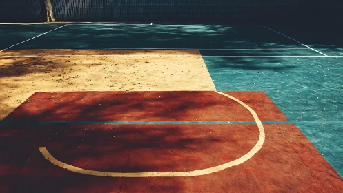 Painted outdoor court surface shows colored geometric zones