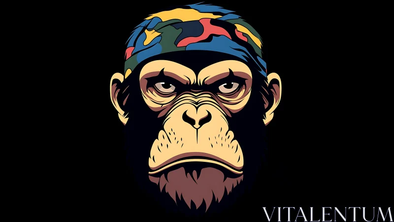 Vector-rendered chimpanzee portrait with multicolor camo bandana.