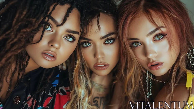 Triadic close-up portrait with hyperreal cosmetic detailing.