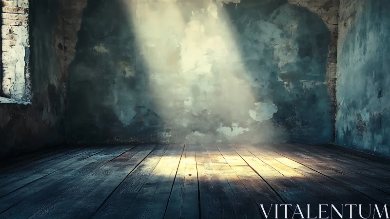 Empty weathered room with single shaft of warm light.