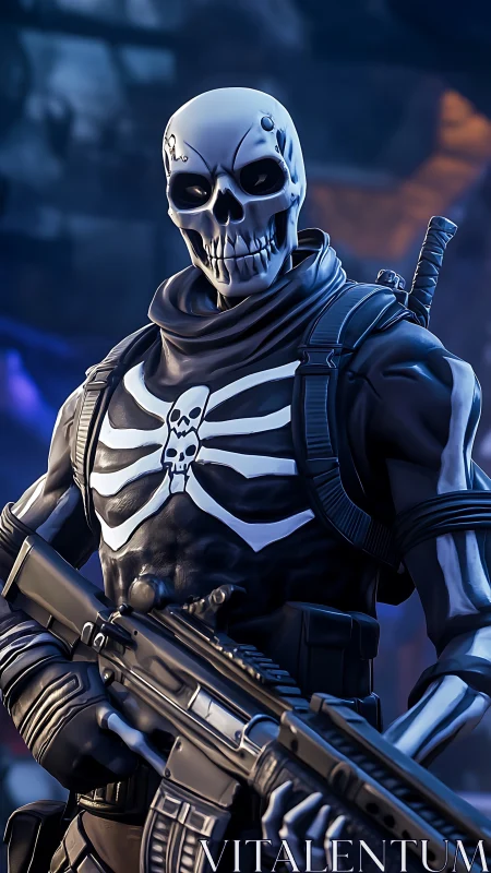 Bone-clad commando smiles through the crossfire of neon ruins