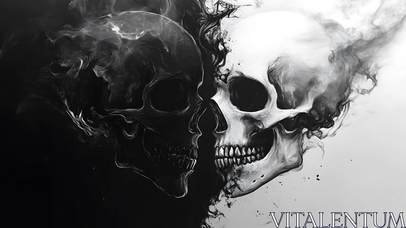 Twin smoke-skulls collide in stark monochrome chaos.