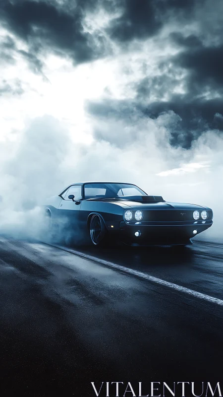 Muscle car drifting through stormy mist on wet asphalt road.