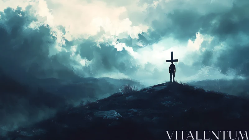 Solitary figure beneath storm-lit cross on distant hilltop.
