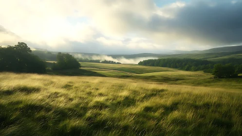 Morning light rolls over misty green countryside fields.