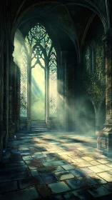 Sunlit gothic hall with arched windows and stone floor.