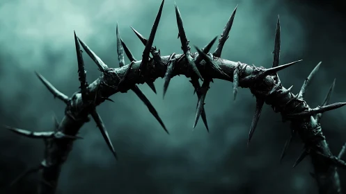 Moody arch of thorns curving through misty teal gloom.