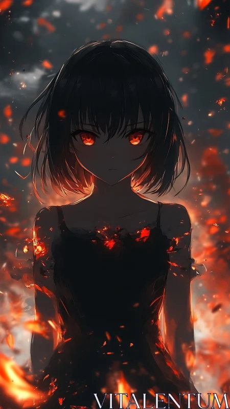 Fierce ember-eyed girl standing calm within swirling fire.