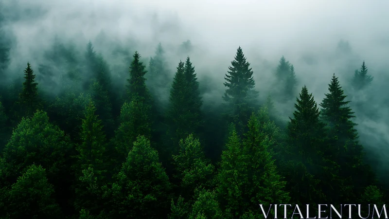 Coniferous forest under atmospheric fog condition