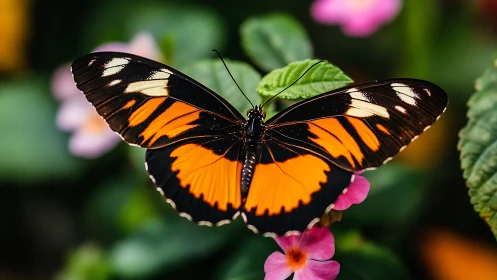 Macro study of orange-black butterfly on vivid foliage plane.