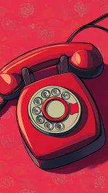 Vector-style red rotary telephone on patterned rose ground.