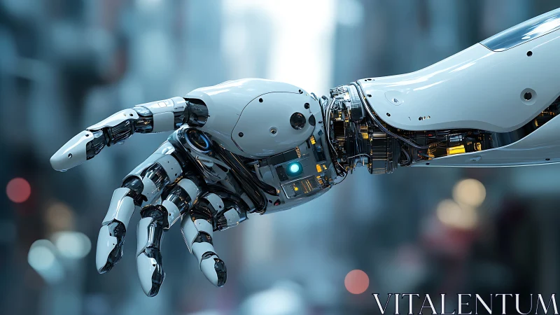 Futuristic robotic arm extends over blurred city background.