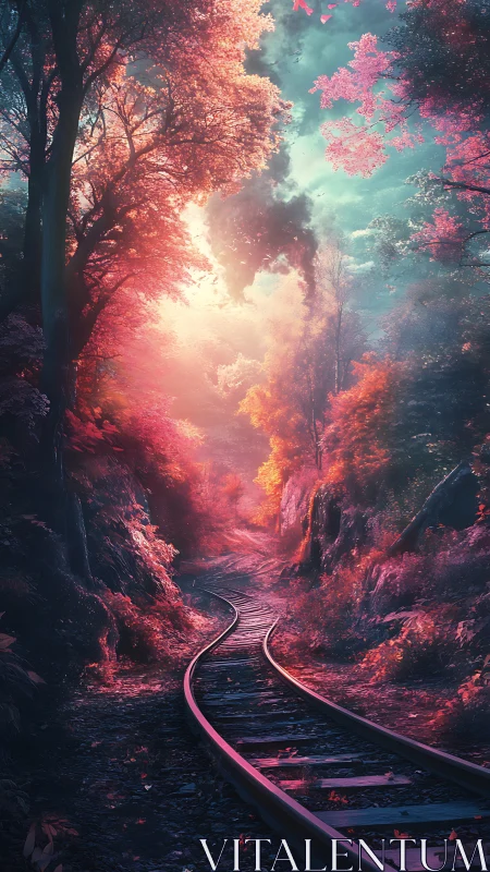 Curved railway recedes through saturated bicolor atmospheric forest