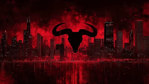 Digital painting skyline with central bull emblem silhouette.