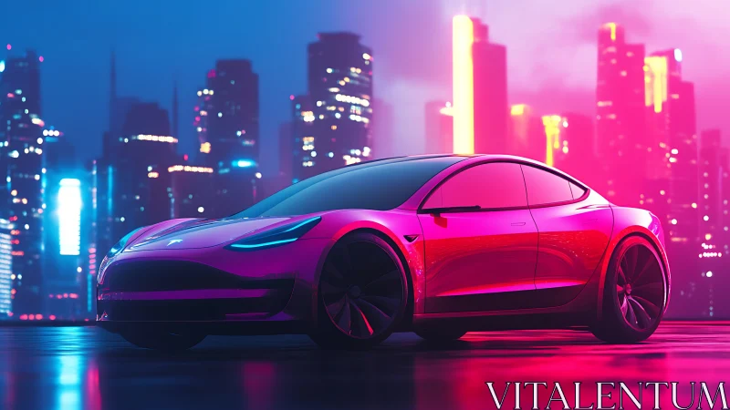 Electric sedan in neon cityscape under pink and blue light.