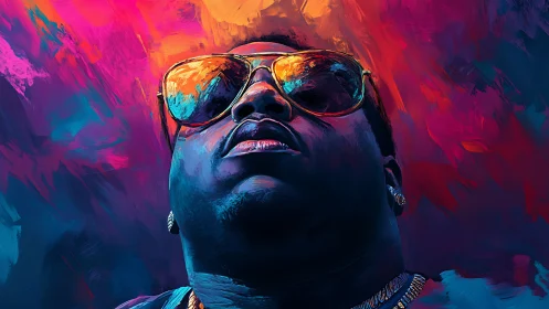 Bold portrait with reflective sunglasses under neon brushstrokes
