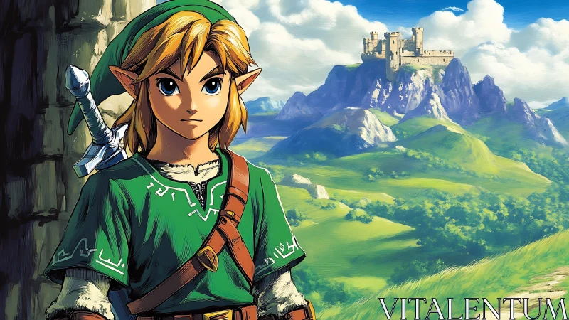 Elf warrior stands before distant hilltop fortress landscape